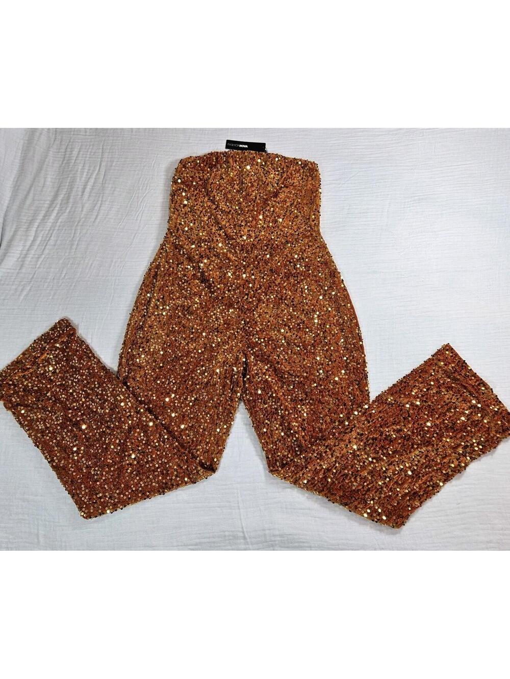 New Fashion Nova Orange Sequin Strapless Jumpsuit Wide Leg Velvet Party Size 1X